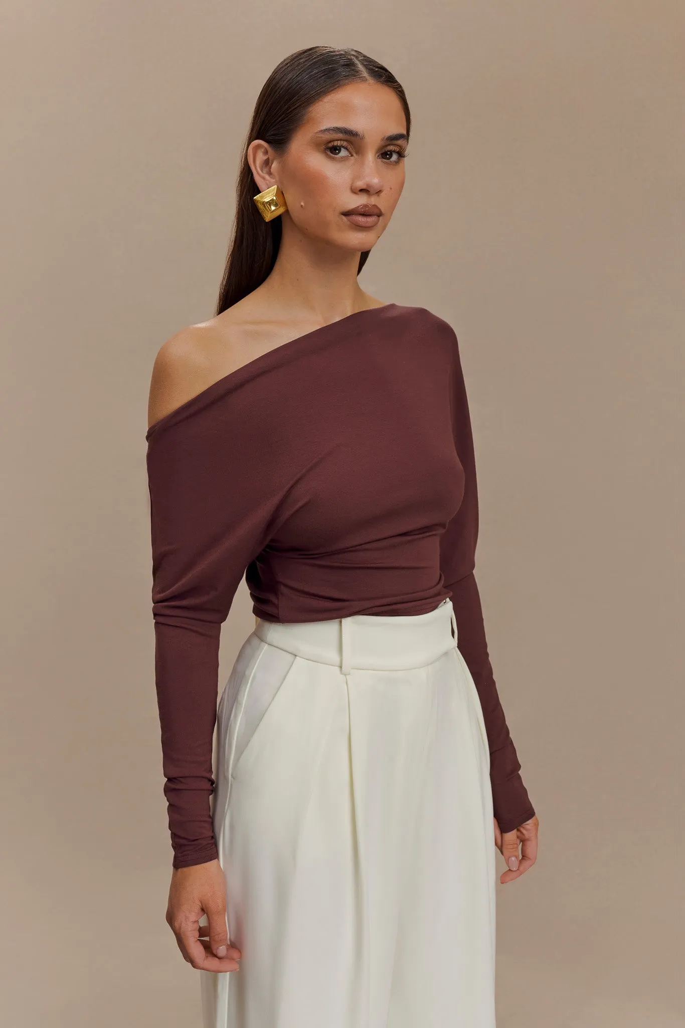 Ribbed collar Yasmin Asymmetrical Long Sleeve Top - Mahogany
