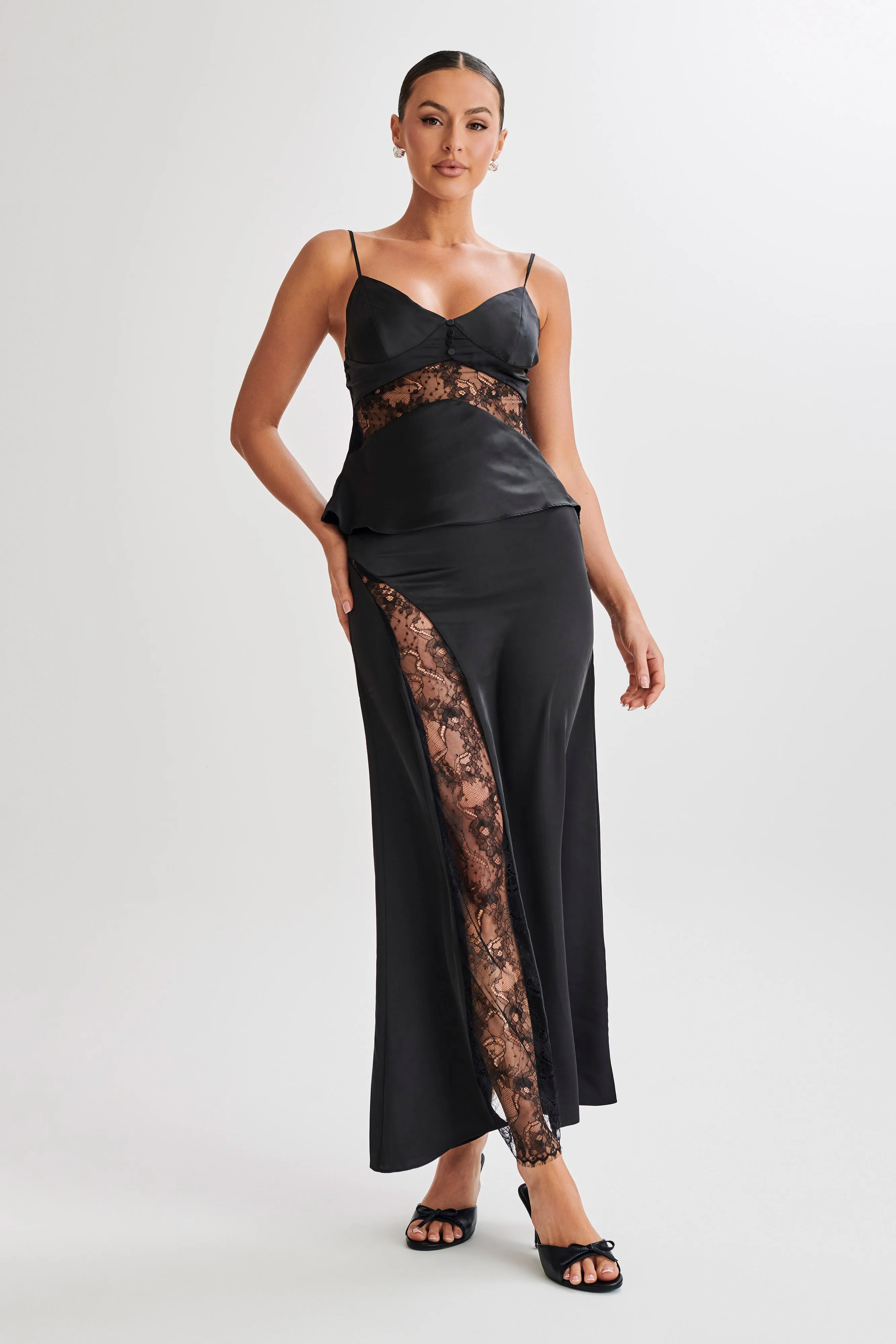 EcoFriendlyTexture Recycled Polyester Material Luella Satin Lace Cami Top - Black