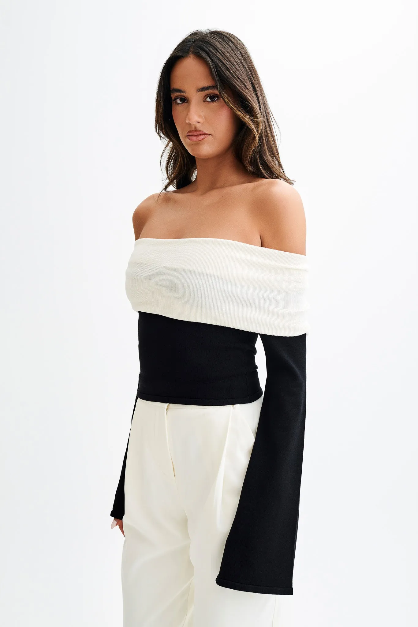 Yoko Contrast Overlay Knit Top - Black/White Workout Apparel VentilatedMesh