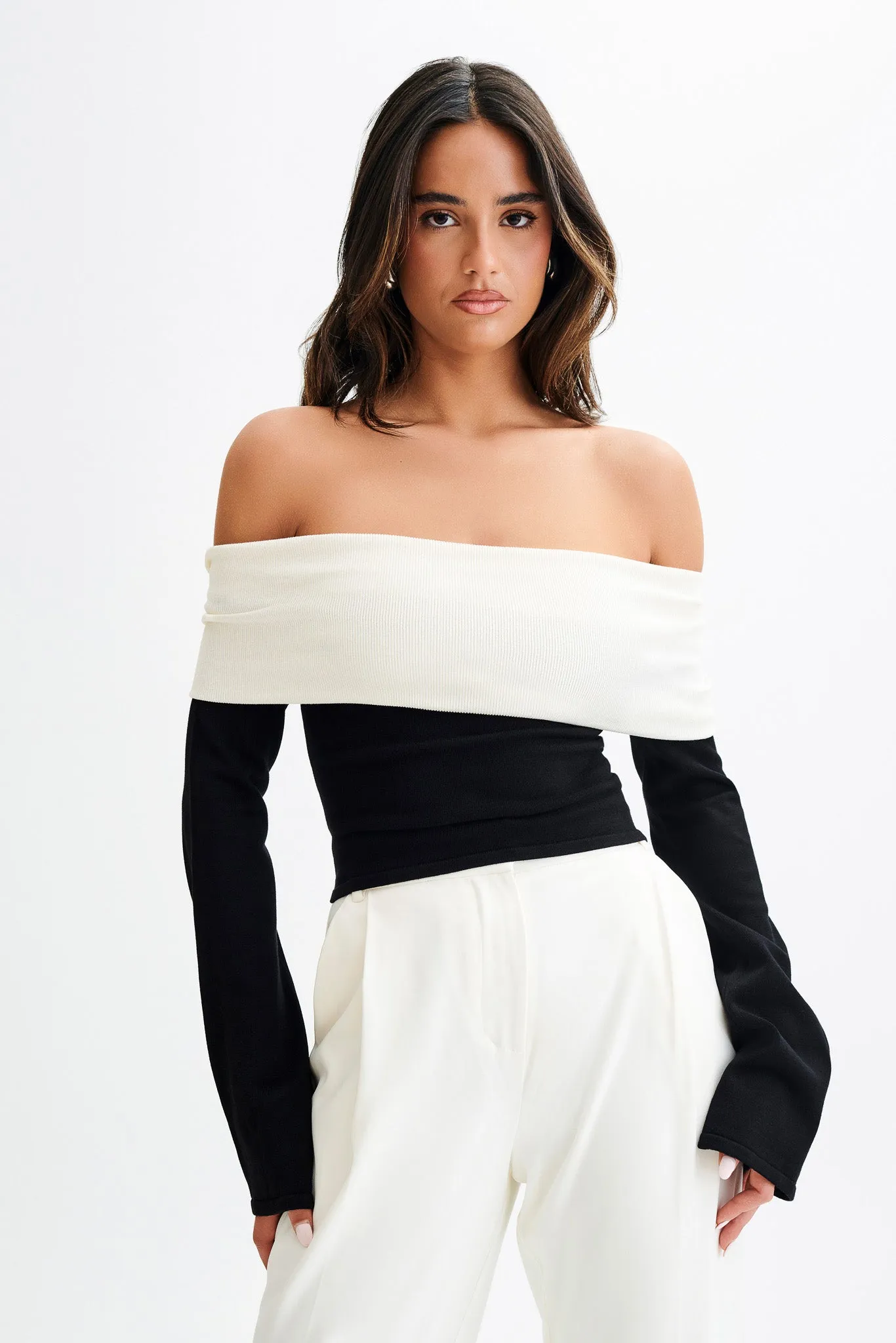 Yoko Contrast Overlay Knit Top - Black/White Variable Tension Adjustment Non Iron Fabric