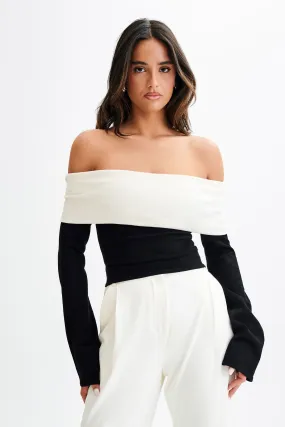 Yoko Contrast Overlay Knit Top - Black/White Variable Tension Adjustment Non Iron Fabric