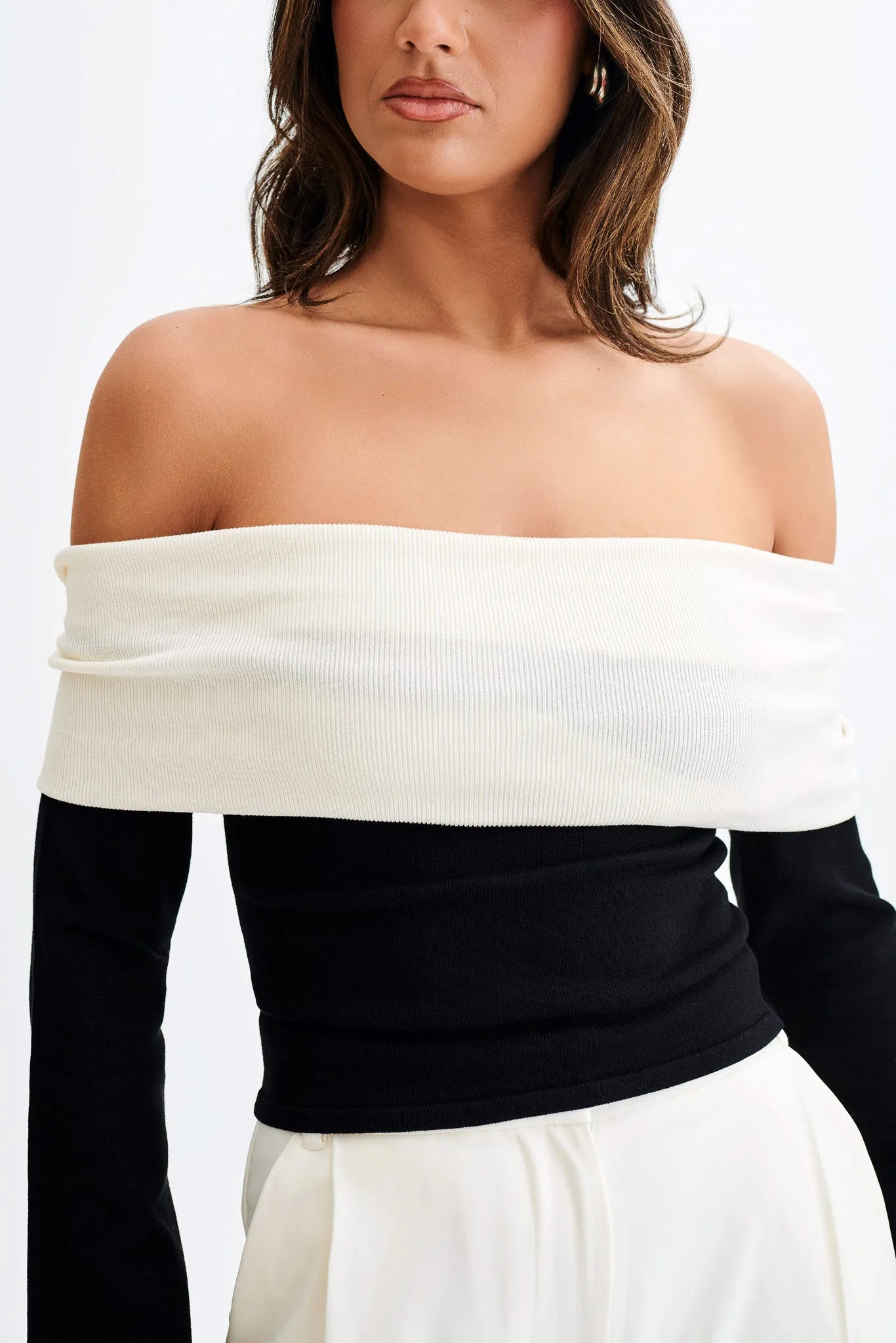 Yoko Contrast Overlay Knit Top - Black/White Casual Long Sleeve