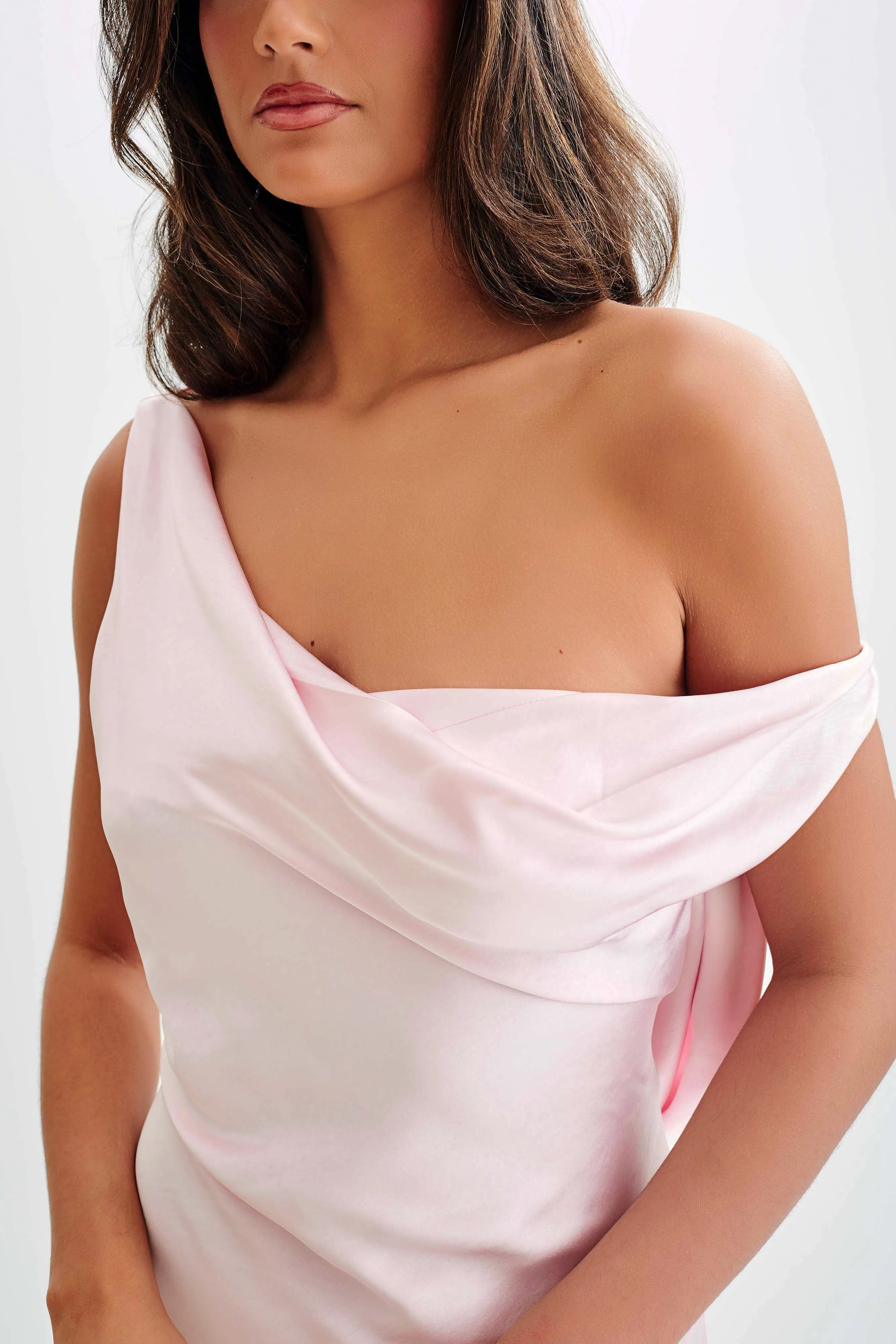 Earth-Tone Yvette Slip Maxi Dress With Asymmetrical Hem - Pale Pink